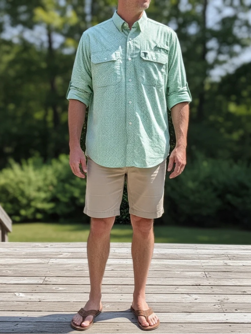 COAST PAWLEYS ISLAND Marinoa Fishing Shirt, Green Gingham Shirt, Size Medium